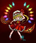  &gt;:) 2009 ascot blonde_hair coin dated dress evil_grin evil_smile fire flandre_scarlet frills glowing grin hat laevatein madkoifish mary_janes ponytail rainbow_order red_background red_dress red_eyes shoes short_hair side_ponytail simple_background slit_pupils smile socks solo touhou wings 