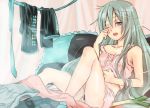  aqua_eyes aqua_hair camisole chabatake clothes clothes_removed hatsune_miku lingerie long_hair pillow sakou_mochi scratch sitting skirt sleepy smile solo spring_onion underwear vocaloid waking_up wink 