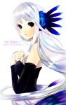  1girl bare_shoulders blue_eyes dress elbow_gloves gloves gwendolyn hair_down hair_ornament highres long_hair odin_sphere tate_(donnguriumai) tate_(pixiv126212) valkyrie white_background white_hair wings 
