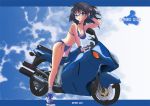  black_eyes black_hair engrish fanta_guriipu fingerless_gloves glasses gloves motor_vehicle motorcycle original ranguage shoes short_hair side-tie_bikini sneakers solo swimsuit vehicle 