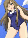  bad_id blush breasts embarrassed hair_over_one_eye kusakabe330 long_hair lowres oekaki one-piece_swimsuit open_mouth school_swimsuit swimsuit tales_of_(series) tales_of_the_abyss tear_grants 