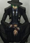  blazblue evil_grin evil_smile fedora fingerless_gloves gloves green_hair grey_background grin hat hazama jou_(mono) male necktie smile wink yellow_eyes 