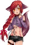  androgynous animal_ears bad_id braid chain chains choker collar crossdressing detached_sleeves fang fox hotpants kitsune long_hair male midriff navel open_mouth orange_eyes original panda_dorian pandadorian red_hair redhead short_shorts shorts single_braid solo tail tattoo teeth thigh_strap trap 