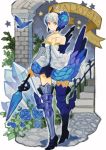  armor armored_dress bare_shoulders bird blue_eyes blue_rose boots choker crown crystal dress elbow_gloves flower gloves gwendolyn hair_ornament hat odin_sphere polearm rose sakida_kiyu short_hair solo spear thigh-highs thigh_boots thighhighs valkyrie weapon white_hair wings 