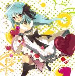  aqua_hair bow detached_sleeves heart heterochromia ichiyou_moka long_hair looking_back multicolored_eyes open_mouth red_eyes ribbon smile thighhighs yellow_eyes 