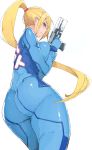  1girl angelo_(gomahangetsu) ass blonde_hair bodysuit breasts from_behind frown green_eyes gun highres large_breasts metroid mole ponytail samus_aran shiny shiny_clothes sketch solo thighs weapon zero_suit 