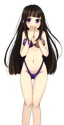  1girl bikini black_hair chitanda_eru covering_mouth highleg highleg_bikini highleg_swimsuit highres hyouka long_hair mutsumi326 navel simple_background solo swimsuit union_jack violet_eyes white_background 