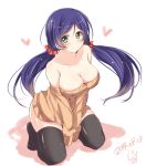  1girl 2014 bare_shoulders black_legwear blush breasts cleavage dated green_eyes jiino large_breasts love_live!_school_idol_project purple_hair smile solo sweater thighhighs toujou_nozomi twintails white_background 