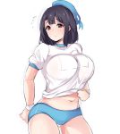  1girl alternate_costume black_hair breasts buruma curvy gym_uniform kantai_collection large_breasts midriff moisture_(chichi) navel parted_lips red_eyes shirt shirt_lift short_hair simple_background sketch solo takao_(kantai_collection) white_background white_shirt 