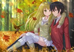  1boy 1girl arm_on_shoulder autumn autumn_leaves bangs bird black_eyes black_hair blazer blonde_hair blunt_bangs blurry blush boots collarbone depth_of_field expressionless flower from_side full_body hair_between_eyes hair_flower hair_ornament kazenokaze light_rays long_hair long_sleeves looking_away nature necktie original outdoors scenery school_uniform serafuku shiny shiny_hair sitting sitting_on_lap sitting_on_person skindentation skirt smile sunbeam sunlight sweater tareme thigh-highs tree tree_shade tsurime wallpaper white_legwear yellow_eyes zettai_ryouiki 