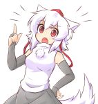  1girl animal_ears elbow_gloves fang fingerless_gloves gloves hand_on_hip hat index_finger_raised inubashiri_momiji looking_at_viewer red_eyes short_hair simple_background solo tail tokin_hat touhou white_background white_hair wolf_ears wolf_tail wool_(miwol) 