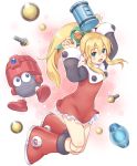  1girl android blonde_hair bolt boots eddie_(rockman) energy_tank green_eyes hair_ribbon highres joints knee_boots long_hair long_sleeves ponytail ribbon robot rockman rockman_(classic) roll skirt toshi wide_sleeves 