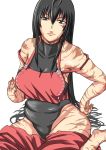  1girl antenna_hair bad_hands bare_shoulders big_belly black_hair breasts brown_eyes clenched_hand dark_skin hakama hand_on_hip japanese_clothes kongari_tokei large_breasts leotard long_hair looking_at_viewer loose_clothes m.u.g.e.n navel original plump samuimu scar sendai_hakurei_no_miko skin_tight solo thighs touhou 