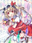  1girl :d ascot blonde_hair bow checkered checkered_background chest fang flandre_scarlet frills gift hair_bow hair_ribbon hat looking_at_viewer mary_janes mob_cap open_mouth red_eyes ribbon riichu shoes side_ponytail smile solo thigh-highs touhou white_legwear wings wrist_cuffs 