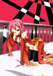  1girl bare_shoulders breasts center_opening cleavage detached_sleeves elbow_gloves fingerless_gloves fukemachi gloves guilty_crown hair_ornament hairclip highres long_hair looking_at_viewer navel one_eye_closed open_mouth pink_hair red_eyes sleepy solo thigh-highs twintails wiping_eyes yuzuriha_inori 
