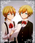  2boys blonde_hair blue_eyes bow bowtie brothers chloe_no_requiem formal michel_d&#039;alembert multiple_boys pierre_d&#039;alembert ponytail short_hair siblings smile suit suspenders vest 