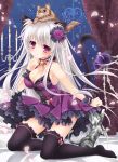  1girl animal_ears armpits bed_sheet bell black_legwear breasts cat cat_ears choker cleavage finger_to_mouth flower hair_ornament kneeling long_hair looking_at_viewer no_eyes original parted_lips petals rinka_(yuyutei) rose silver_hair solo_focus violet_eyes wrist_cuffs 
