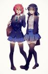  2girls bag black_hair black_legwear blue_eyes earphones earphones free! genderswap highres lei_yaya matsuoka_rin multiple_girls musical_note nanase_haruka_(free!) necktie red_eyes redhead school_bag school_uniform shared_earphones sharp_teeth thigh-highs 