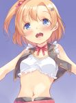  1girl blue_eyes blush brown_hair hair_ornament hairclip kousaka_honoka looking_at_viewer love_live!_school_idol_project midriff mikage_sekizai navel open_mouth outstretched_arms short_hair side_ponytail smile solo spread_arms 