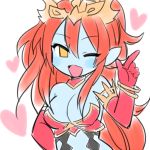  1girl breasts demon_girl gloves hera-ur_(p&amp;d) hera_(p&amp;d) kaki_s large_breasts long_hair lowres one_eye_closed open_mouth orange_hair pointing pointy_ears ponytail puzzle_&amp;_dragons red_gloves smile solo tiara very_long_hair yellow_eyes 