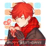  1boy black_gloves blush dated gekkan_shoujo_nozaki-kun gift gloves happy_birthday heart-shaped_box kanapy male_focus mikoshiba_mikoto red_eyes redhead scarf valentine 