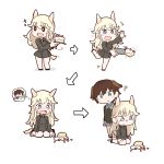  2girls :d ? animal_ears aqua_eyes blonde_hair blue_eyes blush bomber_jacket bottomless brown_hair buttons cake chibi crying crying_with_eyes_open directional_arrow dog_ears dog_tail erua falling fang food fox_ears fox_tail holding holding_plate jacket long_hair long_sleeves military military_uniform motion_lines multiple_girls no_nose open_mouth ottilie_kittel seiza shadow short_hair simple_background sitting smile sparkle speech_bubble strike_witches sweatdrop symbol-shaped_pupils tail tail_wagging tears thought_bubble uniform waltraud_nowotny white_background 