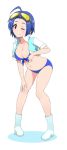  1girl ahoge bikini blue_hair boots breasts cleavage haseneko highres idolmaster large_breasts leaning_forward looking_at_viewer midriff miura_azusa navel one_eye_closed pigeon-toed red_eyes short_hair smile solo sunglasses sunglasses_on_head swimsuit 