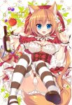 1girl :d ameto_yuki animal_ears basket blue_eyes blush bottle breasts brown_hair cleavage frills highres little_red_riding_hood long_hair looking_at_viewer open_mouth original panties pantyshot smile solo striped striped_legwear tail thigh-highs twintails underwear white_panties wolf_ears wolf_tail wrist_cuffs 