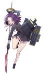  1girl bare_legs black_gloves gloves kantai_collection long_sleeves mechanical_halo mofu polearm purple_hair school_uniform short_hair simple_background smile solo spear tatsuta_(kantai_collection) violet_eyes weapon white_background 