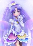  1girl bow brooch cure_fortune earrings elbow_gloves frills gloves hair_bow happinesscharge_precure! highres hikawa_iona innocent_form_(happinesscharge_precure!) jewelry long_hair magical_girl multicolored_skirt payot ponytail precure purple_hair smile solo violet_eyes white_gloves wings yamashiro_yoshifumi 
