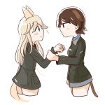  2girls animal_ears aqua_eyes blonde_hair blue_eyes blush bomber_jacket brown_hair dog_ears dog_tail erua fox_ears fox_tail holding_arm jacket long_hair long_sleeves looking_at_another military military_uniform multiple_girls ottilie_kittel short_hair simple_background strike_witches tail uniform waltraud_nowotny white_background 