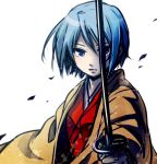  1girl alternate_costume blue_eyes blue_hair budouya haori japanese_clothes katana kimono mahou_shoujo_madoka_magica miki_sayaka petals samurai short_hair solo sword weapon 