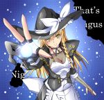  1girl apron breasts cleavage english female fingerless_gloves fishnets gloves hat highres jacket kirisame_marisa large_breasts long_hair luna_(gunfire) magic smile solo touhou unmoving_pattern witch_hat yellow_eyes 