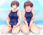  2girls bifidus blush breasts brown_eyes brown_hair competition_swimsuit hyuuga_(kantai_collection) ise_(kantai_collection) kantai_collection looking_at_viewer multiple_girls muscle one-piece_swimsuit pool short_hair swimsuit thighs toned 