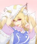  1girl animal_ears blonde_hair cube85 dress fang fox_ears fox_tail hat hat_with_ears highres long_sleeves looking_at_viewer pose red_eyes smirk solo tabard tail tongue tongue_out touhou white_dress wide_sleeves yakumo_ran 