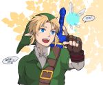  blonde_hair blue_eyes earrings english fairy gloves hat jewelry morio_(altoclown) navi ocarina_of_time pointy_ears sheath sheathed smile sword the_legend_of_zelda weapon 