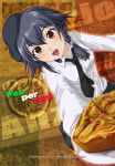  1girl artist_name beret black_hair braid brown_eyes character_name dutch_angle eyelashes food girls_und_panzer haruhata_mutsuki hat looking_at_viewer necktie open_mouth pepperoni_(girls_und_panzer) pizza plate reaching_out school_uniform side_braid single_braid smile solo 