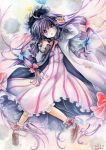  1girl absurdly_long_hair book capelet coat crescent dress hair_ribbon long_hair long_sleeves mob_cap mosho open_clothes open_coat open_mouth patchouli_knowledge purple_dress purple_hair ribbon solo striped striped_dress touhou traditional_media tress_ribbon very_long_hair violet_eyes watercolor_(medium) 