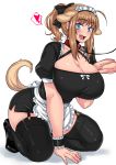  1girl animal_ears black_legwear blue_eyes breasts brown_hair cleavage dog_ears dog_tail fang heart huge_breasts maru_(maruttona) ooba_minori original simple_background solo tail thigh-highs thighs white_background 
