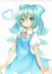  1girl blue_eyes blue_hair bow cirno dress expressionless frilled_dress frilled_sleeves frills hair_bow heart kinoko0120 puffy_short_sleeves puffy_sleeves short_hair short_sleeves touhou traditional_media wings 