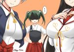  ... 3girls black_hair breast_envy breasts chitose_(kantai_collection) flat_chest fuuma_nagi green_hair grey_hair hands_on_own_chest head_out_of_frame hiyou_(kantai_collection) japanese_clothes kantai_collection long_hair multiple_girls muneate short_hair smile twitter_username zuikaku_(kantai_collection) 