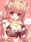  1girl animal_ears blush bra breasts brown_hair cat_ears cleavage fang large_breasts long_hair looking_at_viewer off_shoulder open_mouth original ribbon solo suzune_rena underwear violet_eyes 