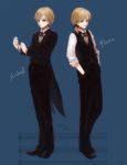  2boys blonde_hair blue_eyes bowtie brothers character_name chloe_no_requiem formal hands_in_pockets michel_d&#039;alembert multiple_boys pierre_d&#039;alembert ponytail short_hair siblings smile suit vest 