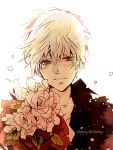  1boy backlighting blush bouquet flower happy_birthday heterochromia kaneki_ken looking_at_viewer petals red_eyes rose short_hair smile tears tokyo_ghoul white_hair 