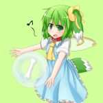  1girl :o animal_ears ascot bone daiyousei dog_ears dog_tail dress fang frilled_dress frills green_eyes green_hair hair_ribbon kemonomimi_mode maguro-dama musical_note puffy_short_sleeves puffy_sleeves ribbon short_hair short_sleeves side_ponytail tail touhou 