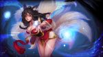  1girl ahoge ahri animal_ears bare_shoulders black_hair breasts cleavage detached_sleeves facial_mark fox_ears fox_tail highres kaka_cheung league_of_legends long_hair multiple_tails orb solo tail whisker_markings yellow_eyes 