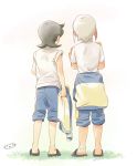  2boys aoyama_shunsuke black_hair clothes_around_waist from_behind grass ichino_nanasuke inazuma_eleven_(series) inazuma_eleven_go jacket jacket_around_waist jacket_removed male mizuhara_aki multiple_boys pants pants_rolled_up raimon sandals shirt short_hair sleeves_rolled_up standing track_jacket track_pants track_suit white_background 