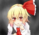  1girl blonde_hair blush finger_to_mouth hair_ribbon highres meimou open_mouth red_eyes ribbon rumia shirt short_hair touhou vest 