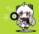  1girl ahoge chibi commentary_request dress highres horns kantai_collection looking_at_viewer mittens northern_ocean_hime nuu_(nu-nyu) pale_skin red_eyes shade shinkaisei-kan solo standing_on_one_leg translation_request white_dress white_hair 