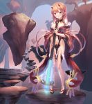  1girl blush breasts brown_eyes brown_hair cleavage club fang fantasy highres horns large_breasts long_hair navel oni original sandals standing thigh_gap tougetsu_gou weapon 